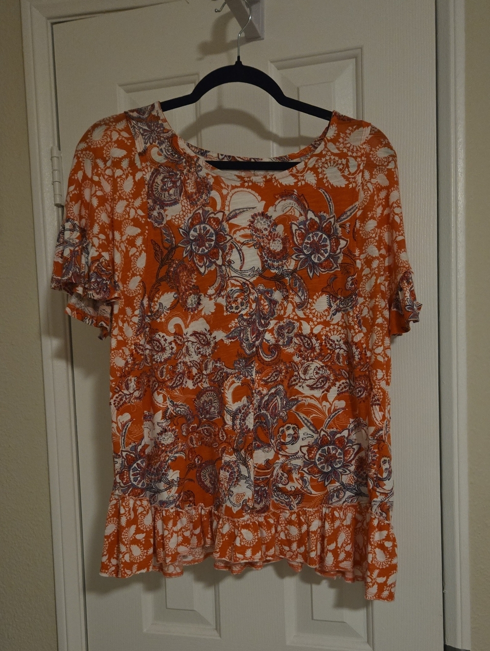Womens Orange Floral Ruffle Hem Top